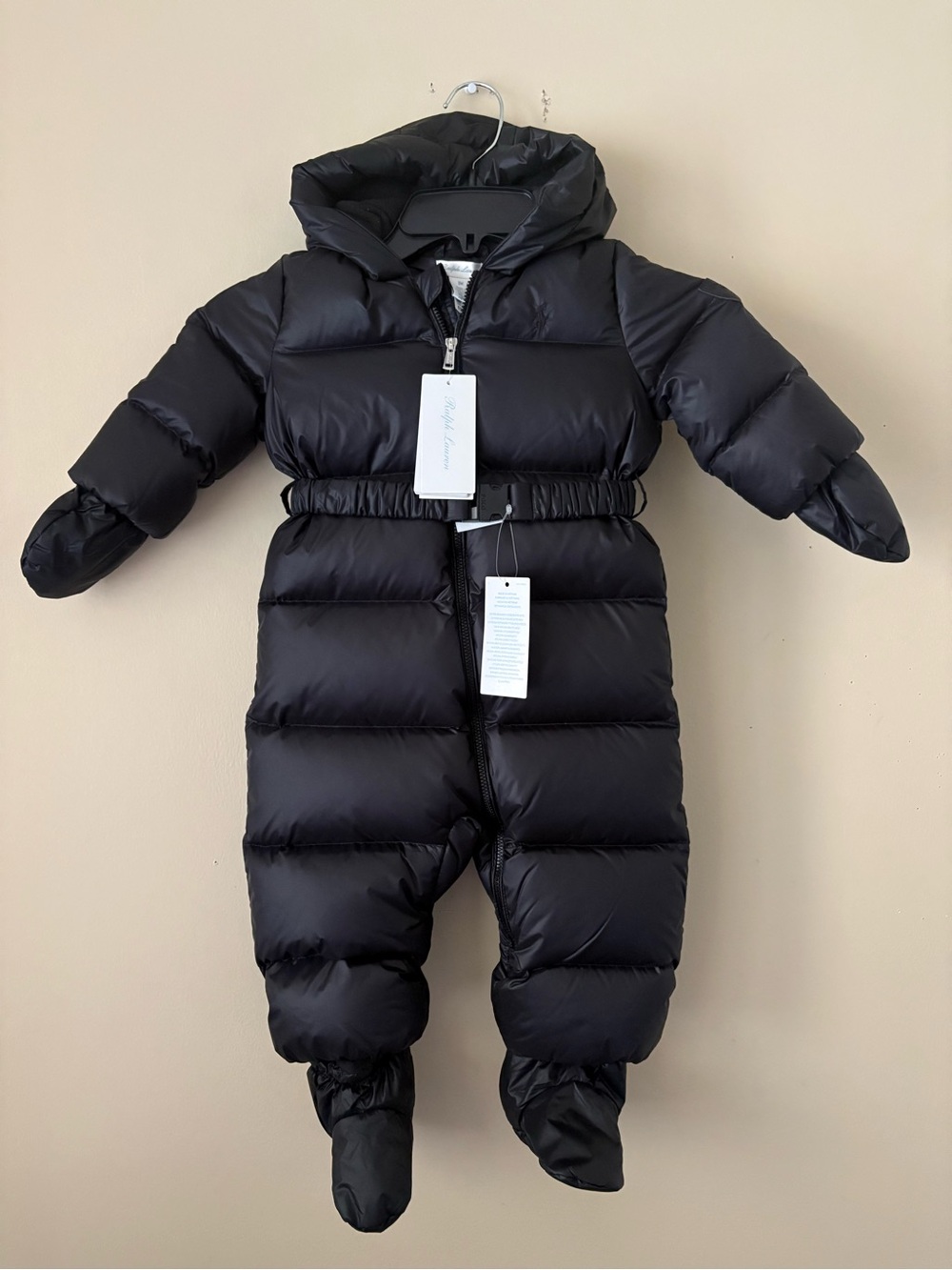 Ralph Lauren Black Infant Down Puffer Snowsuit with Hood SZ. 9 months New